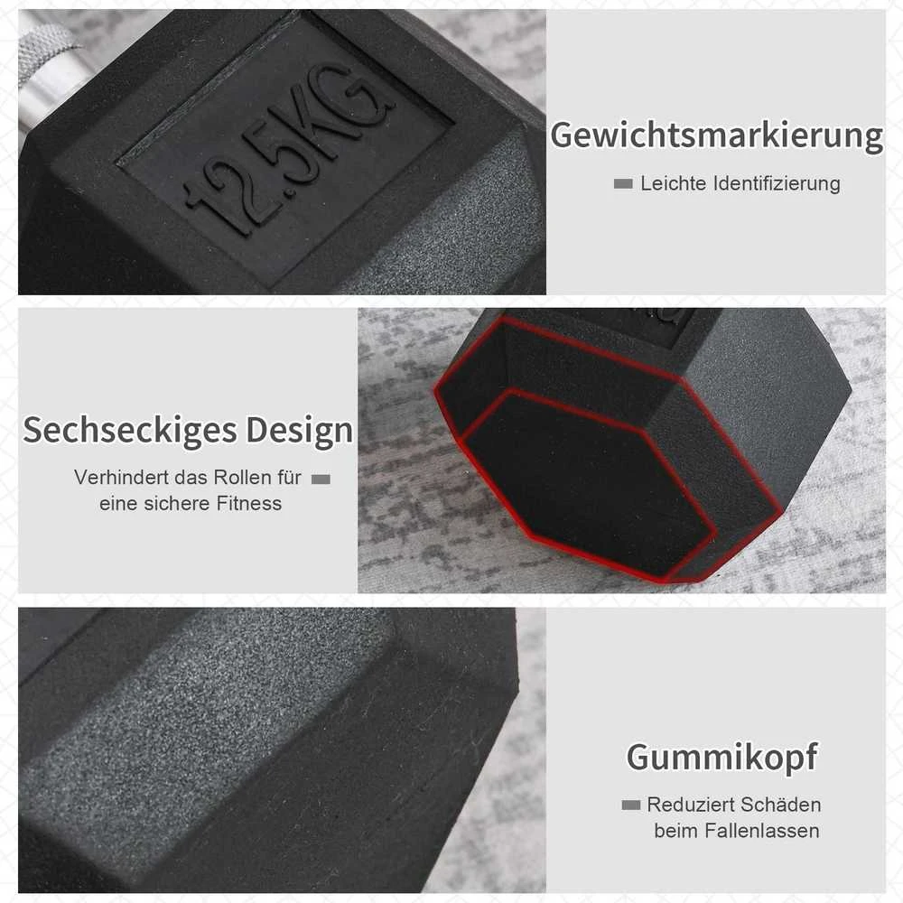 HOMCOM šešiakampis hantelis iš ketaus, guma dengtas hantelis, rantyta rankena, metalas, guma, juodas, 1 x 12,5kg