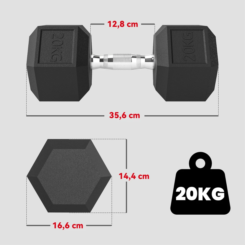 HOMCOM šešiakampis hantelis, 20 kg, ketaus su gumine danga, juodas