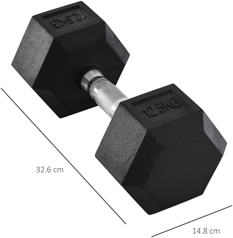 HOMCOM šešiakampis hantelis iš ketaus, guma dengtas hantelis, rantyta rankena, metalas, guma, juodas, 1 x 12,5kg