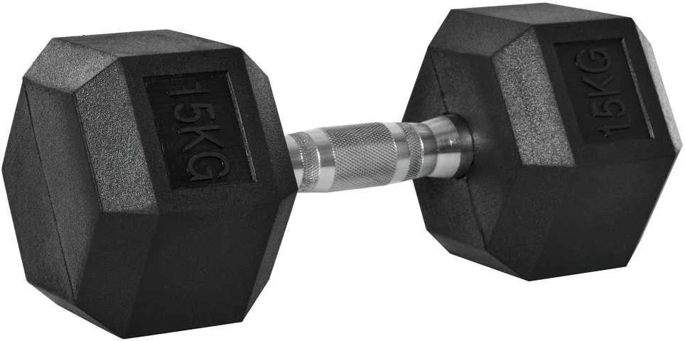 HOMCOM šešiakampis hantelis, ketaus, gumuotas, rifliuota rankena, metalas, guma, juodas, 1 x 15 kg