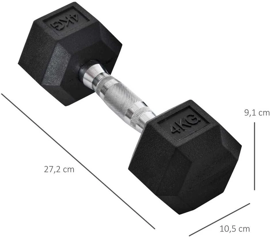 HOMCOM šešiakampiai hanteliai, 2 vnt. rinkinys, ketaus, rifliuota rankena, hantelių rinkinys, svoriai, metalas, guma, juodi, 2 x 4kg