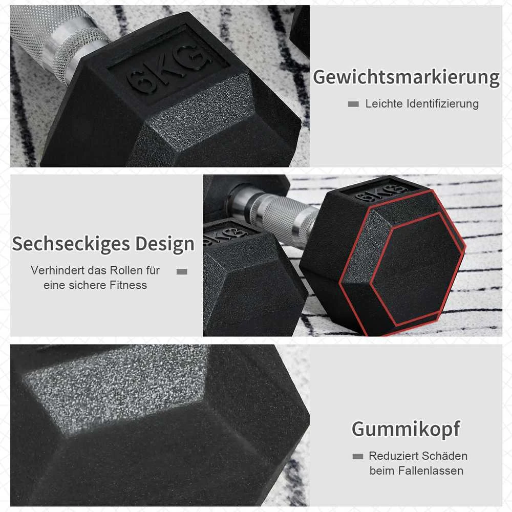 HOMCOM šešiakampių hantelių rinkinys, 2x6 kg, ketaus su gumine danga, juodos spalvos