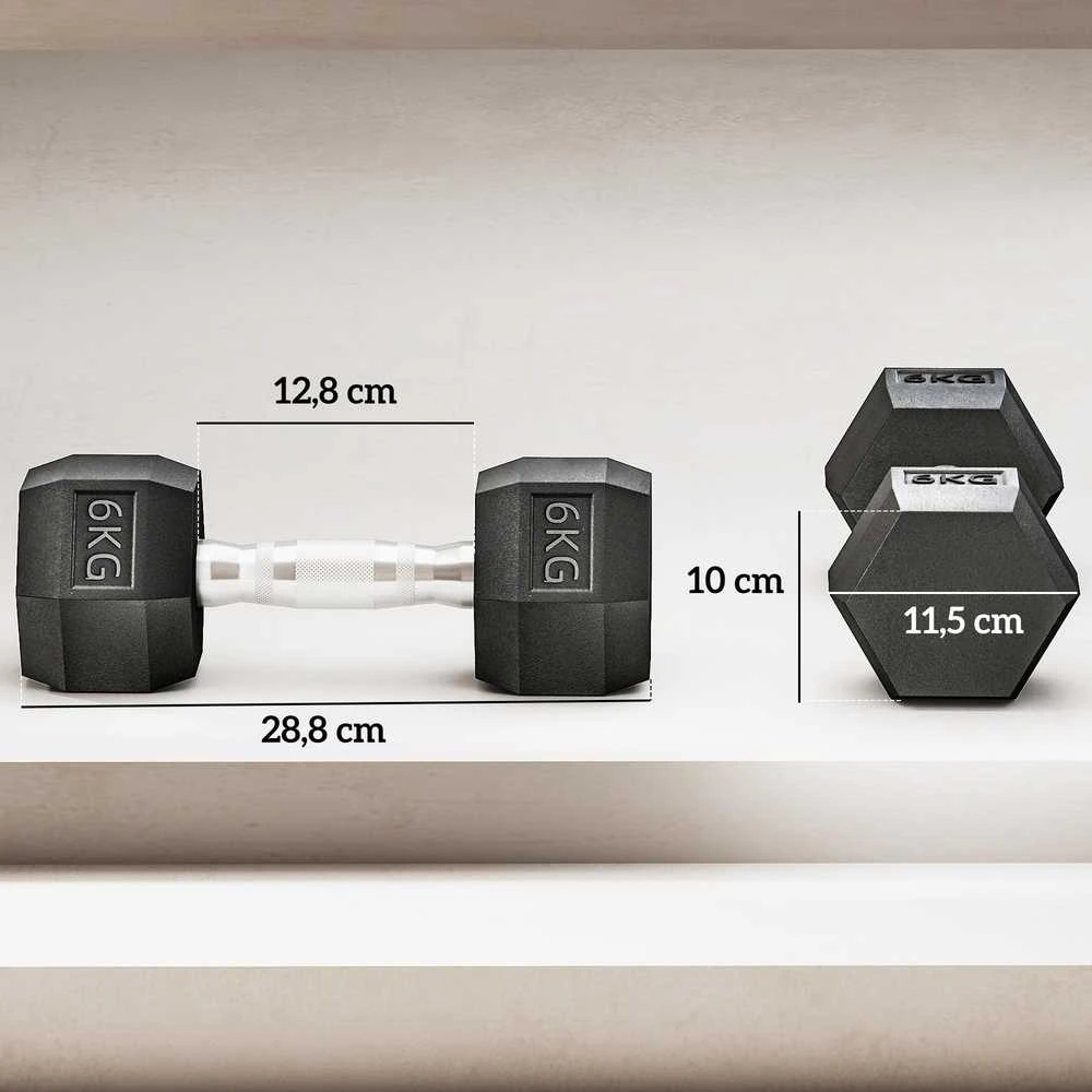 HOMCOM šešiakampių hantelių rinkinys, 2x6 kg, ketaus su gumine danga, juodos spalvos