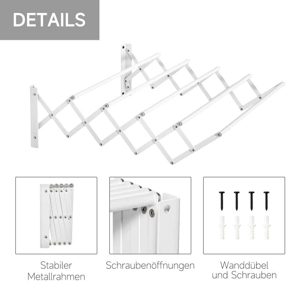 HOMCOM sieninis drabužių džiovintuvas, taupantis vietą, bendras džiovinimo ilgis 57,5 cm, skirtas naudoti viduje ir lauke, metalinis, baltas, 63,5 x 60 x 20 cm