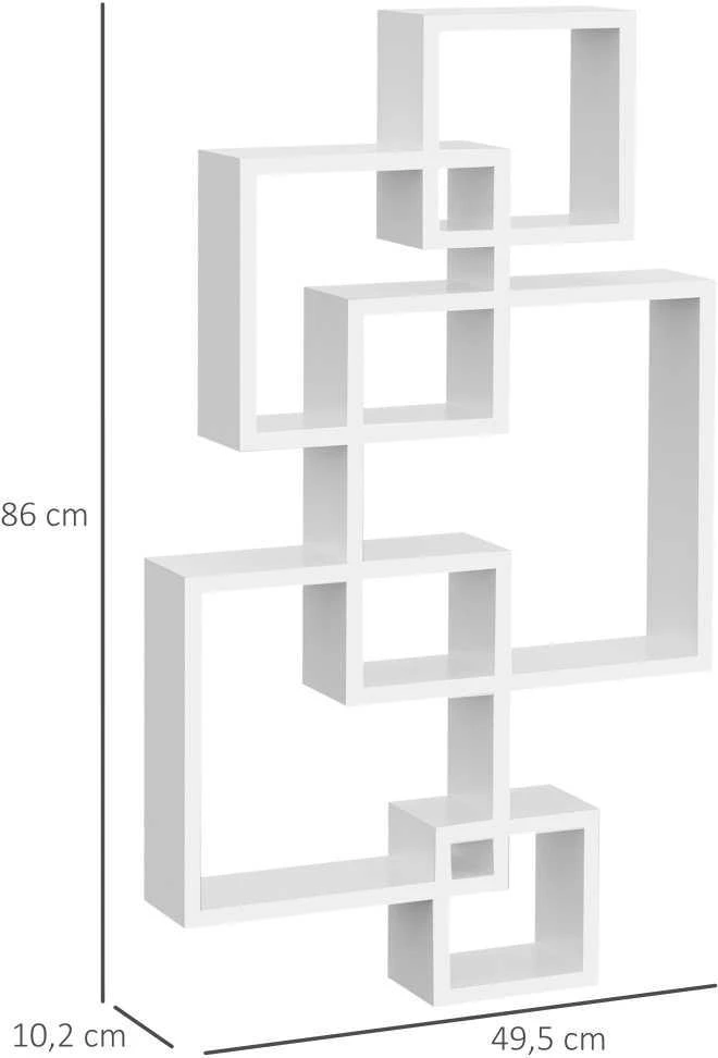 HOMCOM sieninė lentyna, pakabinama lentyna su 5 kubais ir 9 skyreliais, eglės mediena, balta, 49,5x10,2x86 cm