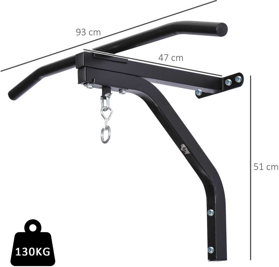 HOMCOM 2-in-1 bokso maišo laikiklis, sieninis skersinis prisitraukimams, iki 130 kg, plieno, juodas, 93 x 47 x 51 cm