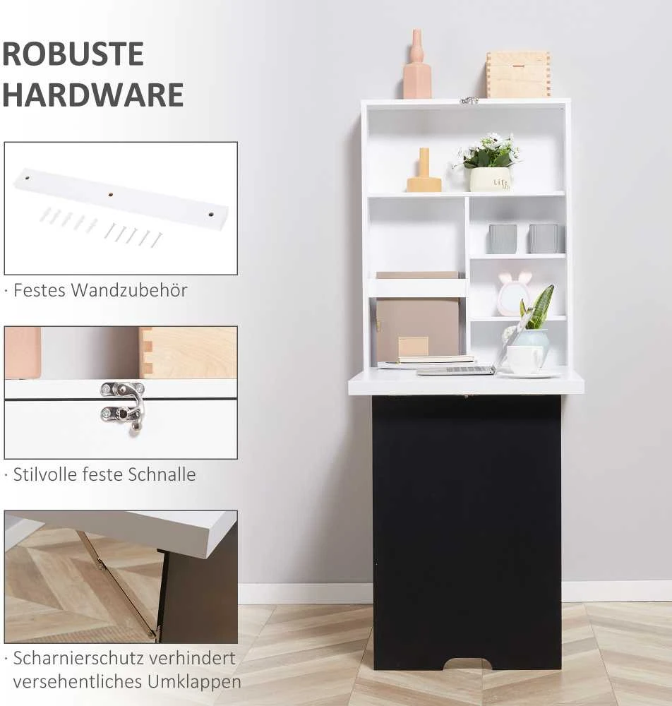 HOMCOM Sieninis rašomasis stalas Sulankstomas rašomasis stalas 5 skyriai Balta+juoda lenta 60x94.5x147cm