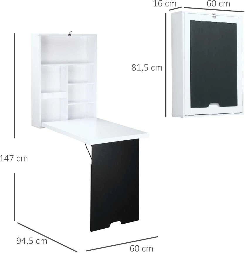 HOMCOM Sieninis rašomasis stalas Sulankstomas rašomasis stalas 5 skyriai Balta+juoda lenta 60x94.5x147cm