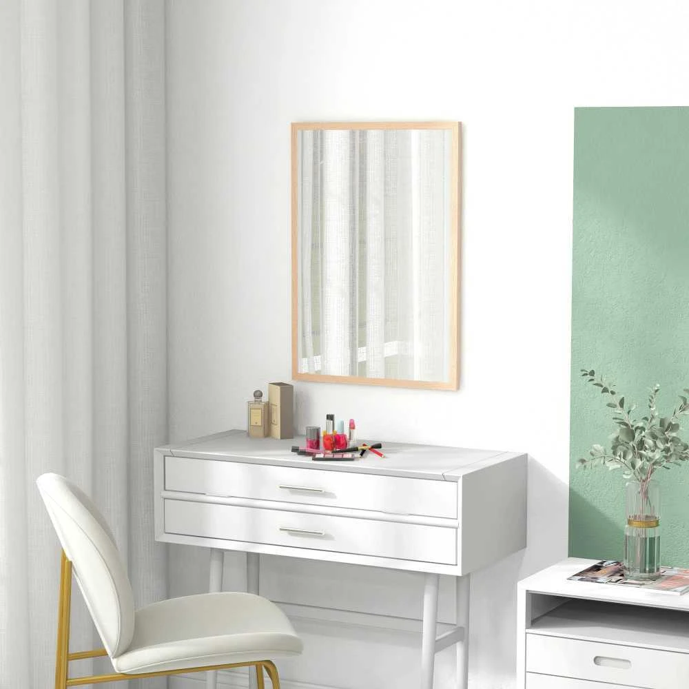 HOMCOM sieninis veidrodis 50 x 70 cm, dekoratyvinis veidrodis su 4 kabliukais, stačiakampis veidrodis miegamajam, vonios kambariui