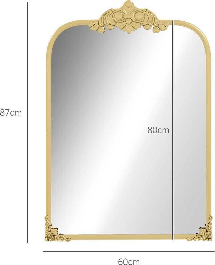HOMCOM sieninis veidrodis, 60 x 87 cm barokinio stiliaus vonios veidrodis, dekoratyvinis veidrodis su metaliniu rėmu svetainei, miegamajam, auksinis