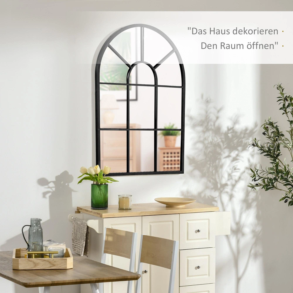 HOMCOM sieninis veidrodis arkiniu lango rėmu 91x60 cm, metalinis rėmas, stiklas, svetainei, miegamajam, valgomajam, koridoriui, juodas