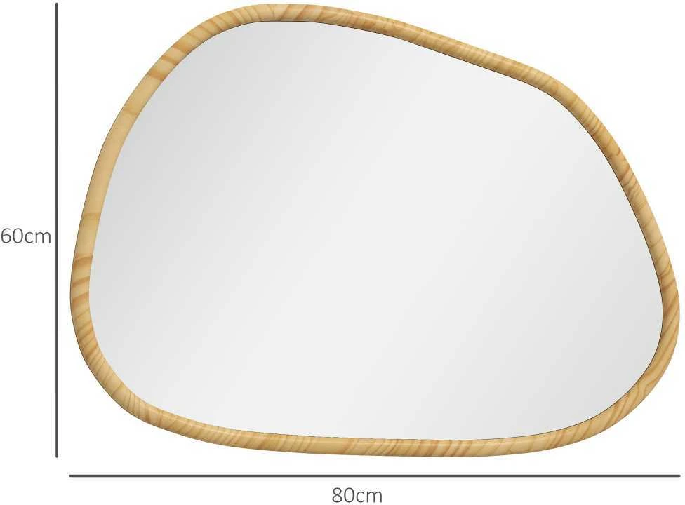HOMCOM asimetrinis sieninis veidrodis 80x60cm, vonios veidrodis, medinis rėmas, atsparus oksidacijai, dekoratyvinis, vonios kambariui, svetainei, koridoriui, miegamajam, natūralios spalvos
