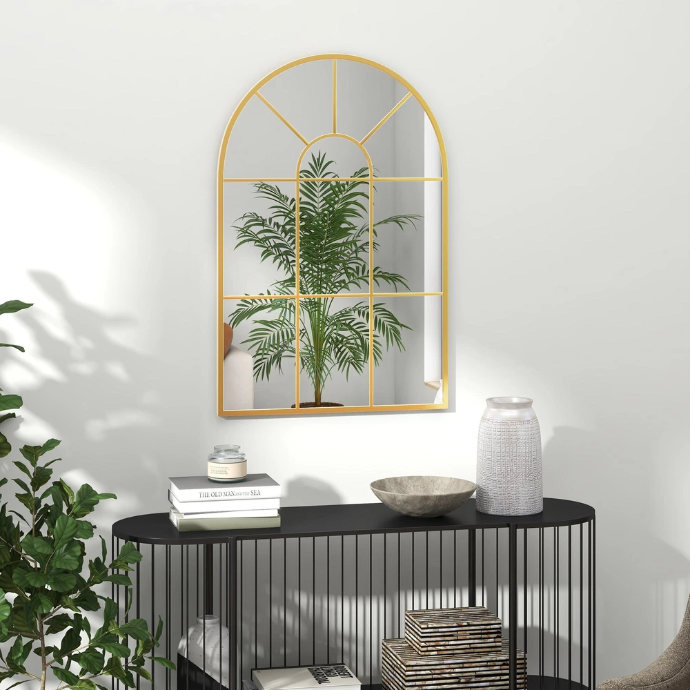 HOMCOM sieninis veidrodis lango dizaino 91 x 60 cm dekoratyvinis veidrodis su metaliniu rėmu pakabinamas veidrodis svetainei, miegamajam, auksinis | Aosom