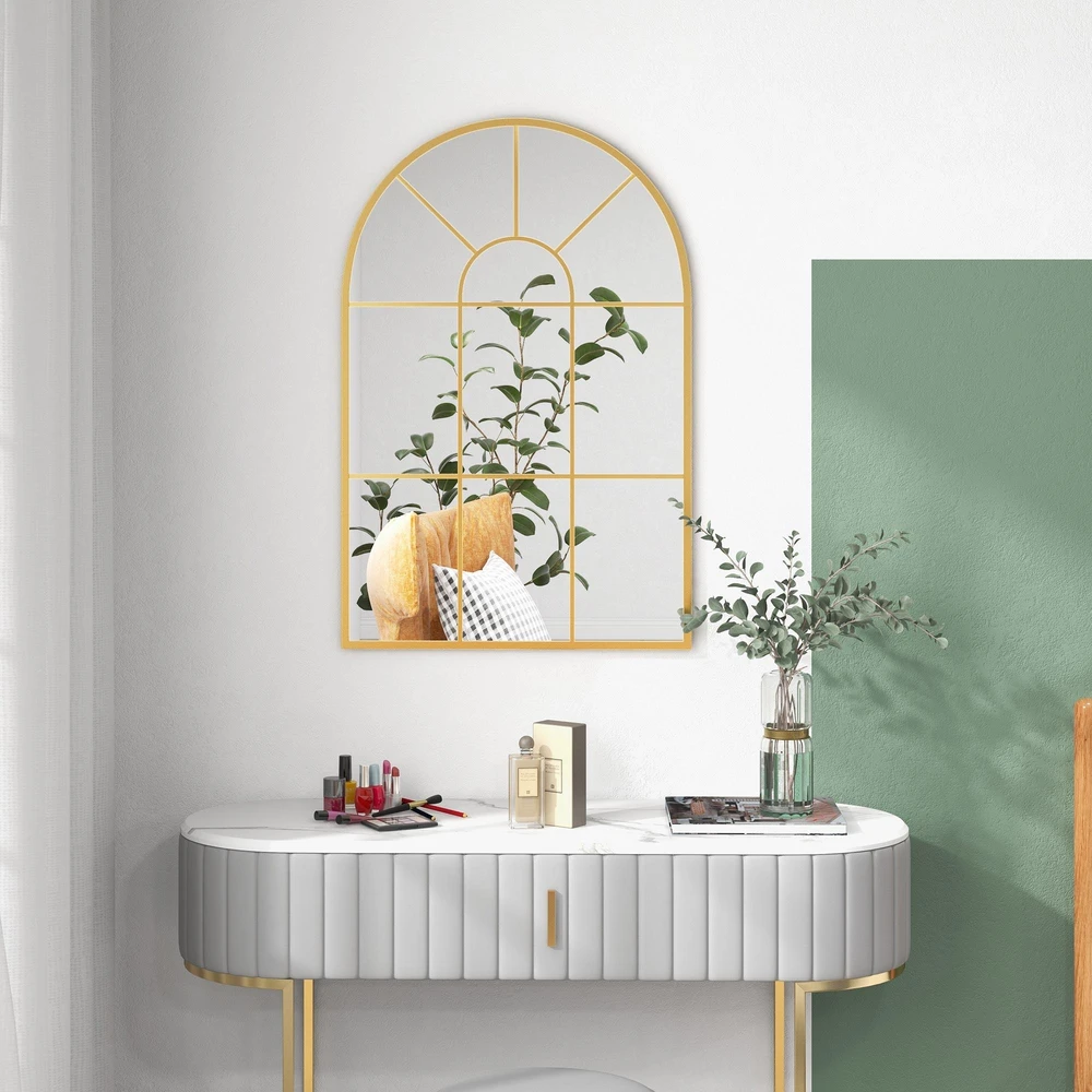 HOMCOM sieninis veidrodis lango dizaino 91 x 60 cm dekoratyvinis veidrodis su metaliniu rėmu pakabinamas veidrodis svetainei, miegamajam, auksinis | Aosom