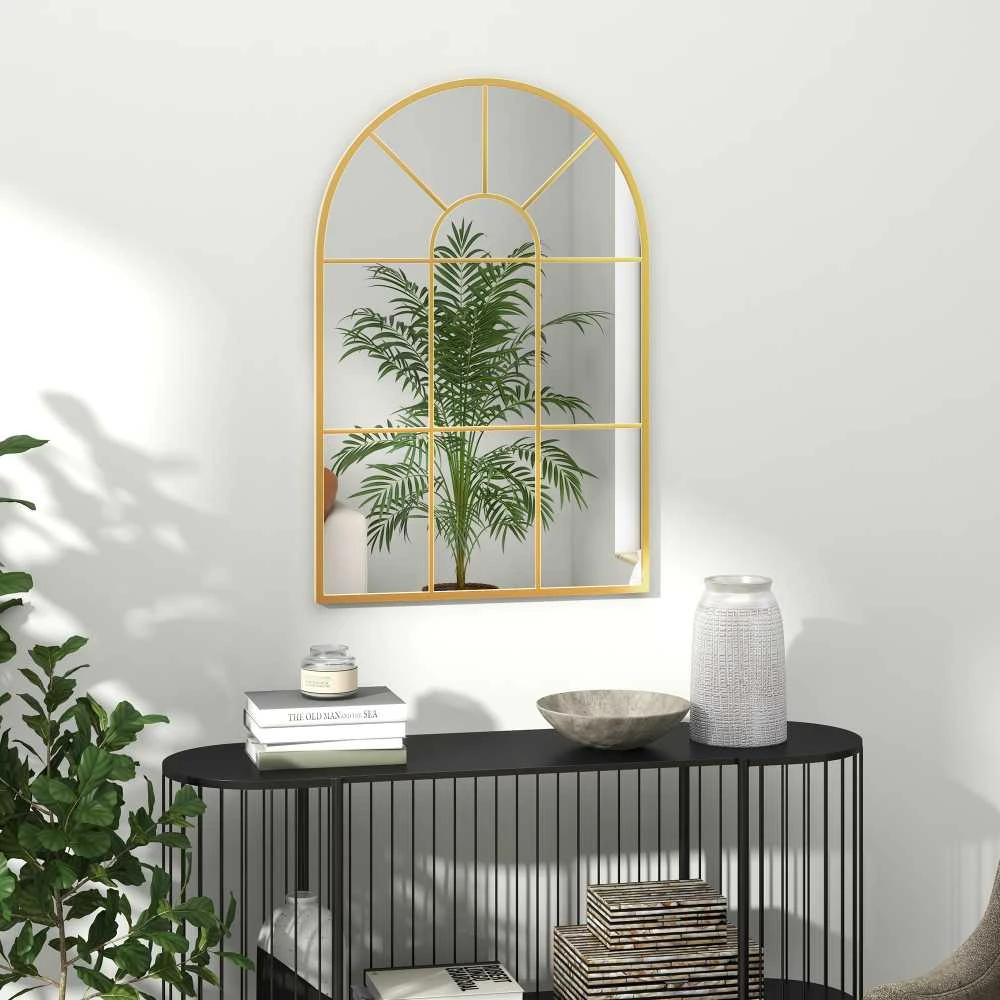 HOMCOM sieninis veidrodis lango dizaino 91 x 60 cm dekoratyvinis veidrodis su metaliniu rėmu pakabinamas veidrodis svetainei, miegamajam, auksinis | Aosom
