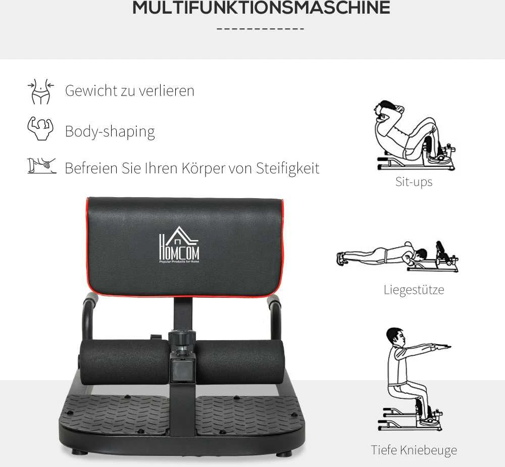 HOMCOM Sissy Squat pritūpimų treniruoklis, kojų ir pilvo presui, 3-in-1, reguliuojamas, iki 120 kg, plieno, juodas, 50x97x44,5–56,5 cm