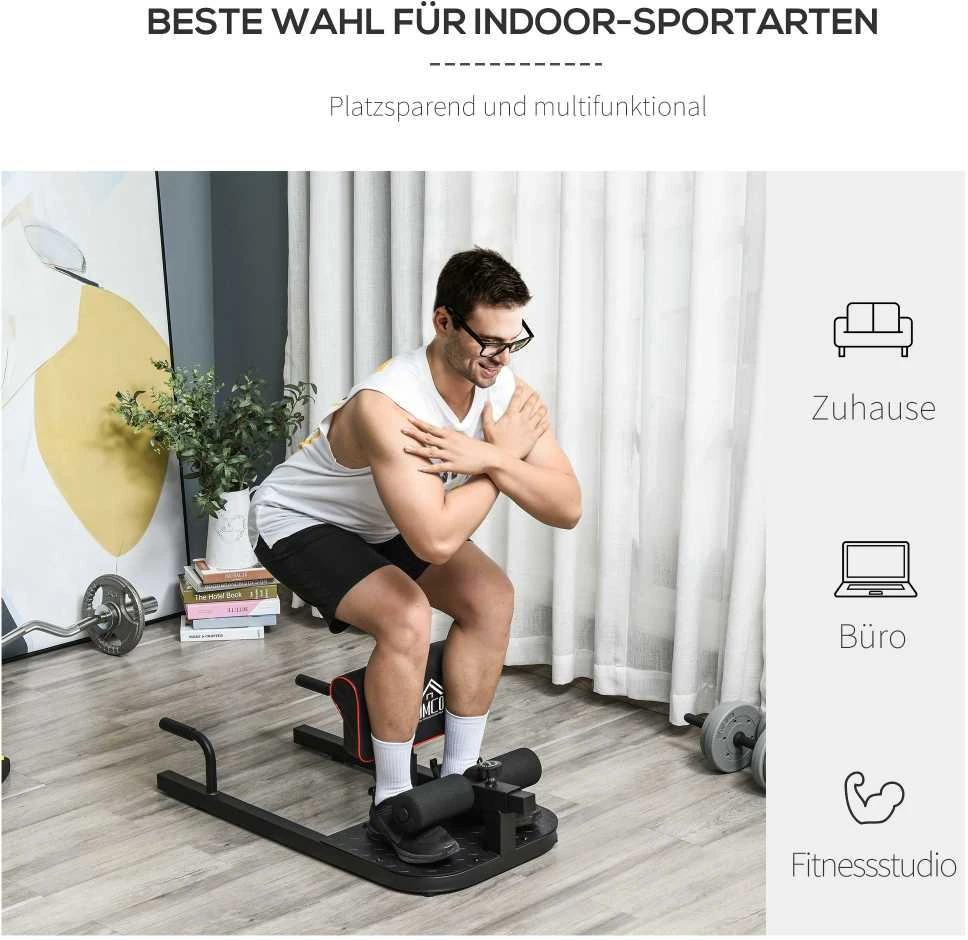 HOMCOM Sissy Squat pritūpimų treniruoklis, kojų ir pilvo presui, 3-in-1, reguliuojamas, iki 120 kg, plieno, juodas, 50x97x44,5–56,5 cm