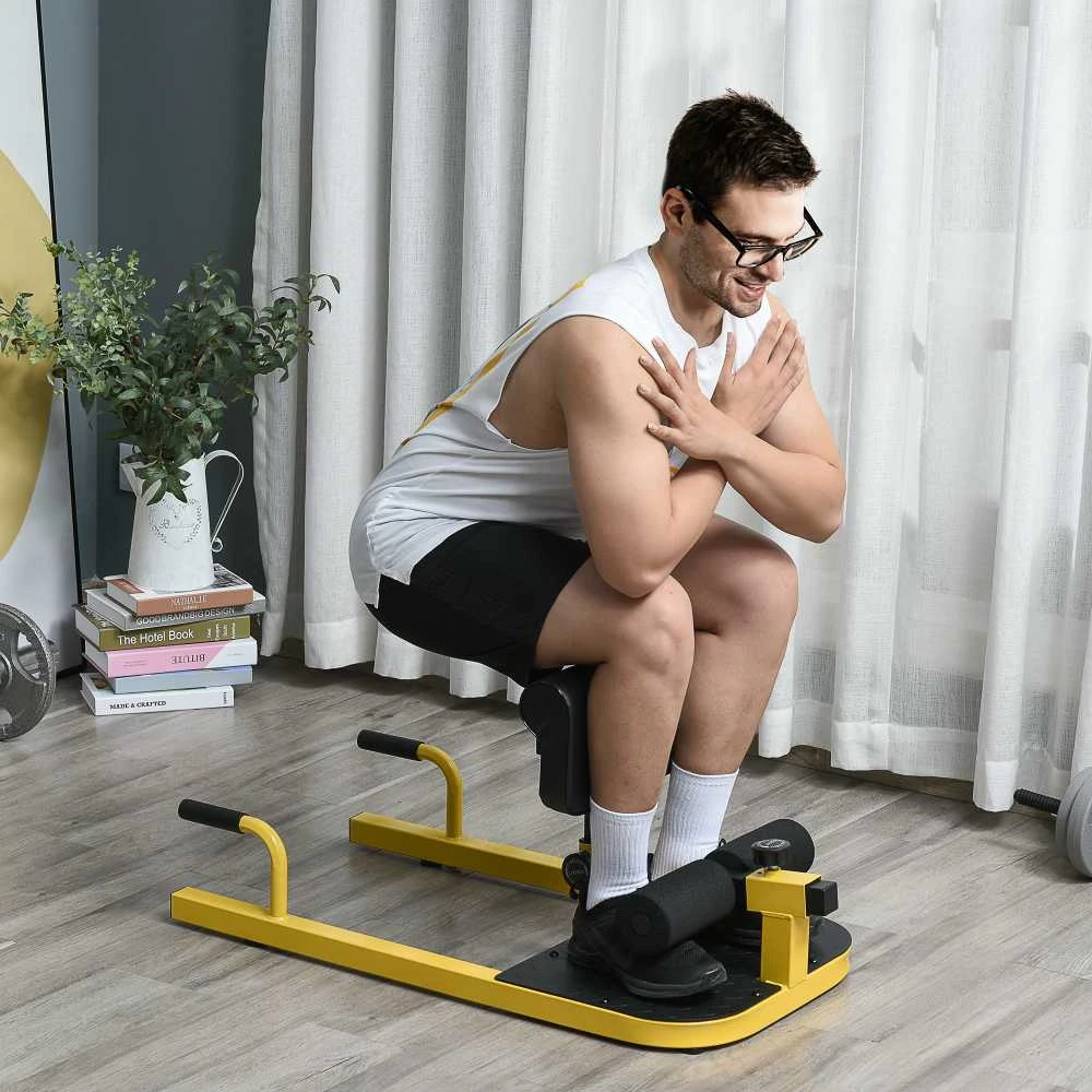 HOMCOM Sissy Squat pritūpimų treniruoklis, kojų, pilvo ir sėdmenų treniruoklis, 3-viename, reguliuojamas iki 120 kg, plieno, geltonas/juodas, 50 x 97 x (44,5–56,5) cm