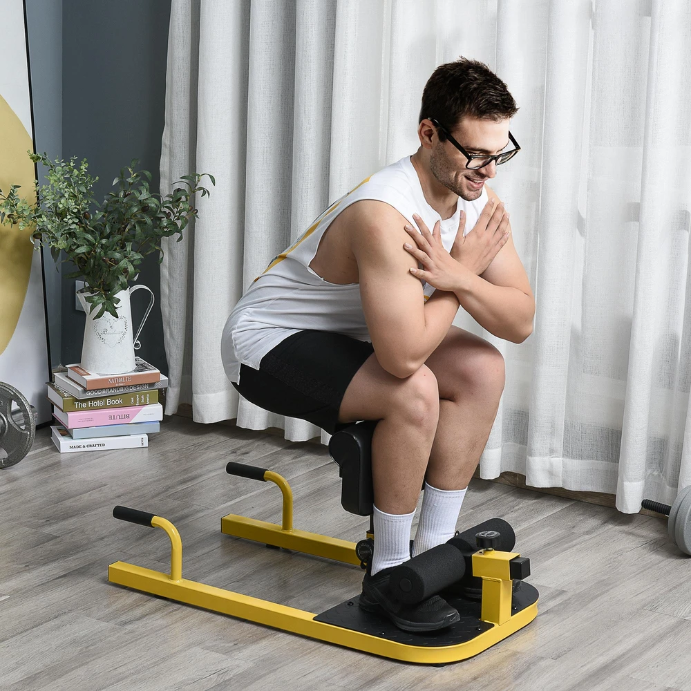 HOMCOM Sissy Squat pritūpimų treniruoklis, kojų, pilvo ir sėdmenų treniruoklis, 3-viename, reguliuojamas iki 120 kg, plieno, geltonas/juodas, 50 x 97 x (44,5–56,5) cm