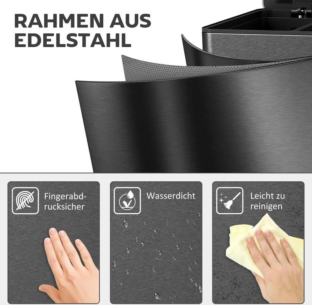 HOMCOM šiukšliadėžė su 3 x 20 l skyriais, dezodoruojančiu dangčiu, apsauga nuo pirštų atspaudų, švelniu uždarymu (Soft-Close), išimama, juoda