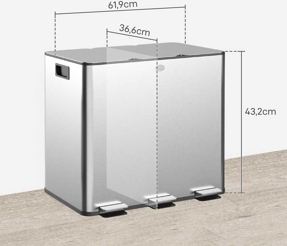 HOMCOM šiukšliadėžė su 3 x 20 L skyriais, kvapą sulaikantis dangtis, atsparus pirštų atspaudams, švelnus uždarymas, išimamas, sidabrinis