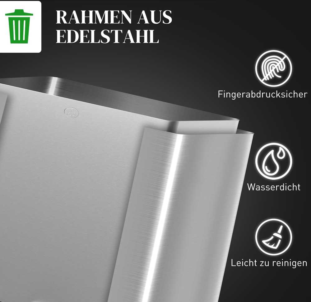 HOMCOM šiukšliadėžė su 3 x 20 L skyriais, kvapą sulaikantis dangtis, atsparus pirštų atspaudams, švelnus uždarymas, išimamas, sidabrinis