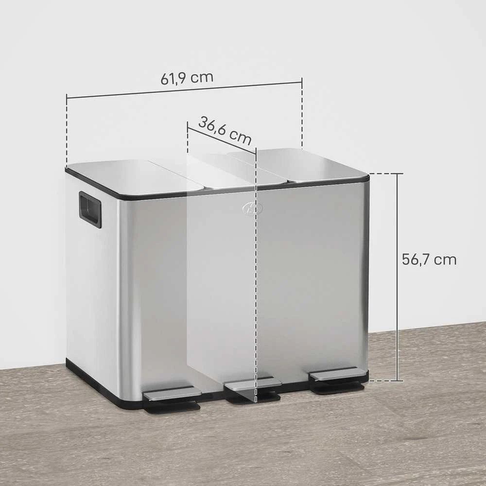 HOMCOM šiukšliadėžė su 3 x 20 l talpos skyriais, dangčiu su kvapų neutralizavimo funkcija, apsauga nuo pirštų atspaudų, „Soft-Close“ mechanizmu, išimamais kibirais, sidabrinė