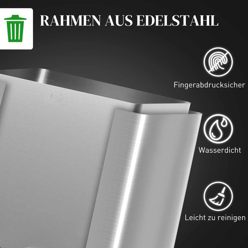 HOMCOM šiukšliadėžė su 3 x 20 l talpos skyriais, dangčiu su kvapų neutralizavimo funkcija, apsauga nuo pirštų atspaudų, „Soft-Close“ mechanizmu, išimamais kibirais, sidabrinė