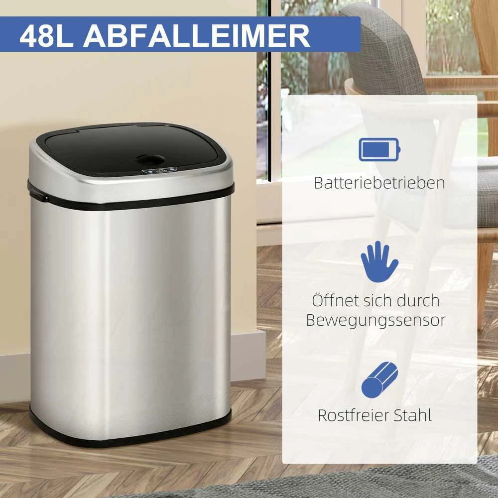 HOMCOM 48L šiukšliadėžė, automatinė virtuvinė šiukšliadėžė su infraraudonųjų spindulių jutikliu, higieniška, nerūdijančio plieno, sidabrinė, 40,5x29,5x68 cm