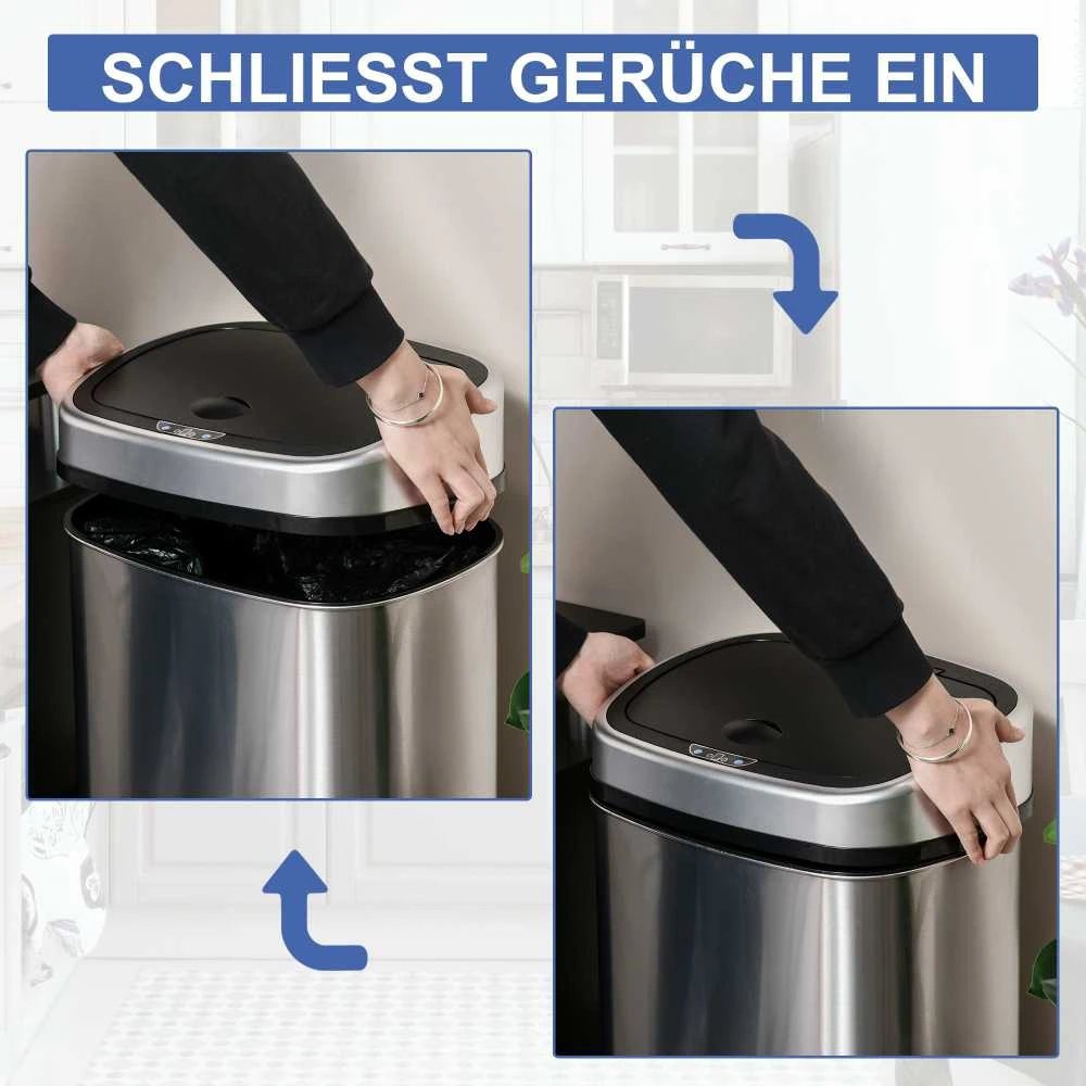HOMCOM 58L šiukšliadėžė, automatinė su infraraudonųjų spindulių jutikliu, higieniška, didelė, nerūdijantis plienas, sidabrinė, I40,9xP28,9xA68 cm