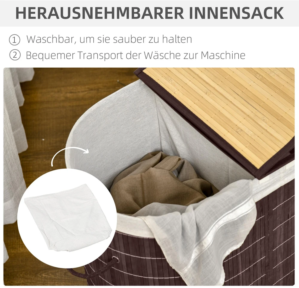 HOMCOM skalbinių krepšys, 100 l skalbinių dėžė su dangčiu, skalbinių rūšiuoklis su rankena, skalbinių krepšys su 2 skalbinių maišais vonios kambariui, bambukinis