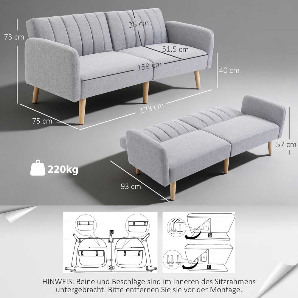 HOMCOM skandinaviško dizaino sofa-lova 2 asmenims, 3 kryptimis reguliuojamas atlošas, gumos medžio kojos, pilkos spalvos lininis audinys