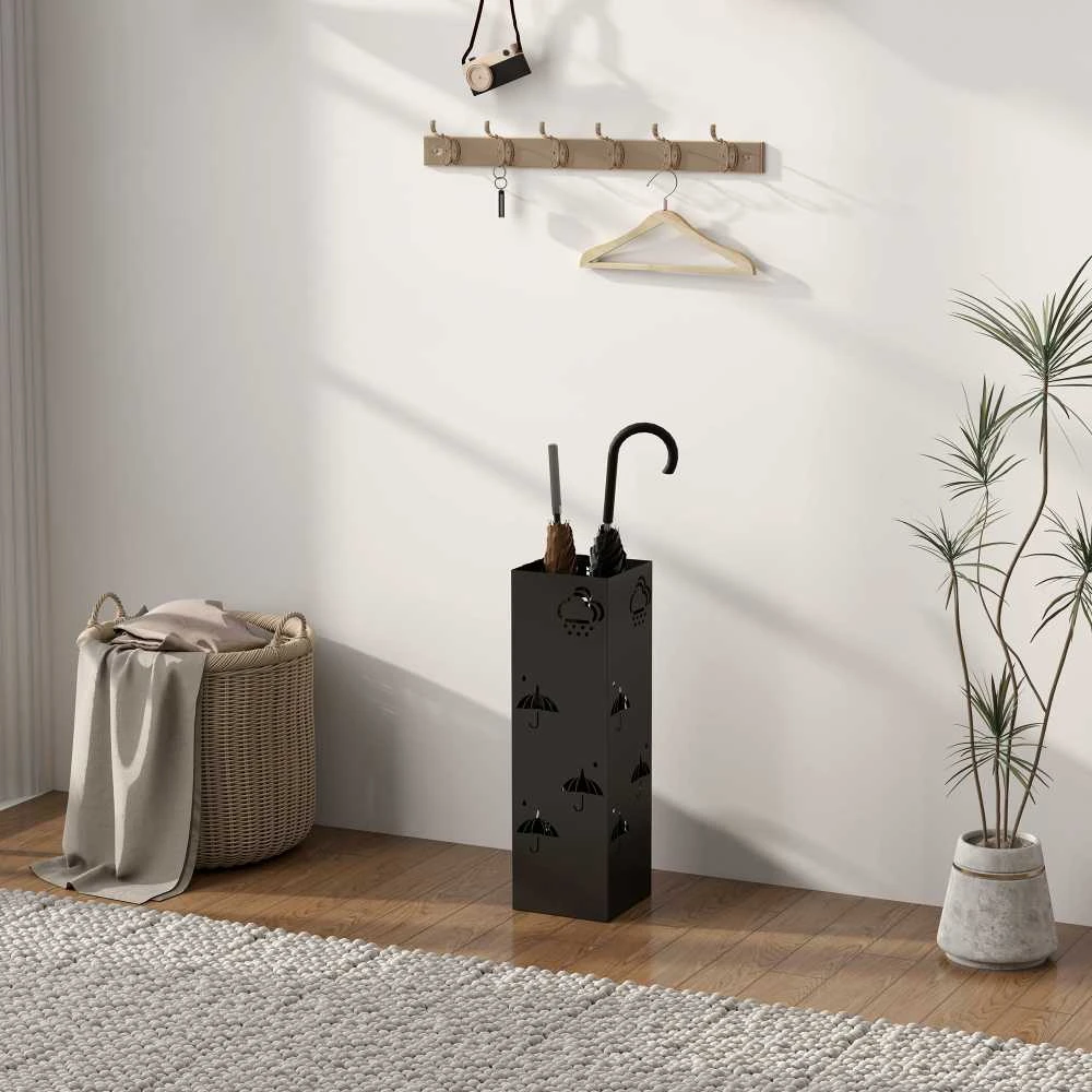 HOMCOM skėčių stovas su 4 kabliukais, nuimamu padėklu vandeniui, dekoratyvinis stovas skėčiams, saulės skėčiams ir lazdoms, plieno, 15,5 x 15,5 x 49 cm, juodas
