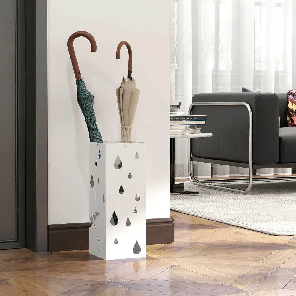 HOMCOM skėčių stovas su 4 kabliukais, vandens surinkimo padėklu, skėčių laikiklis koridoriui, skėčiams ir lazdoms, plieno, 15,5 x 15,5 x 40 cm, baltas