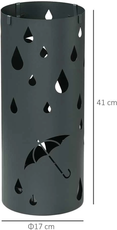 HOMCOM skėčių stovas su 4 kabliukais ir nuimamu padėklu lašams, skėčių ir lazdų laikiklis, plieno, Ø17 x 41 cm, tamsiai pilkas