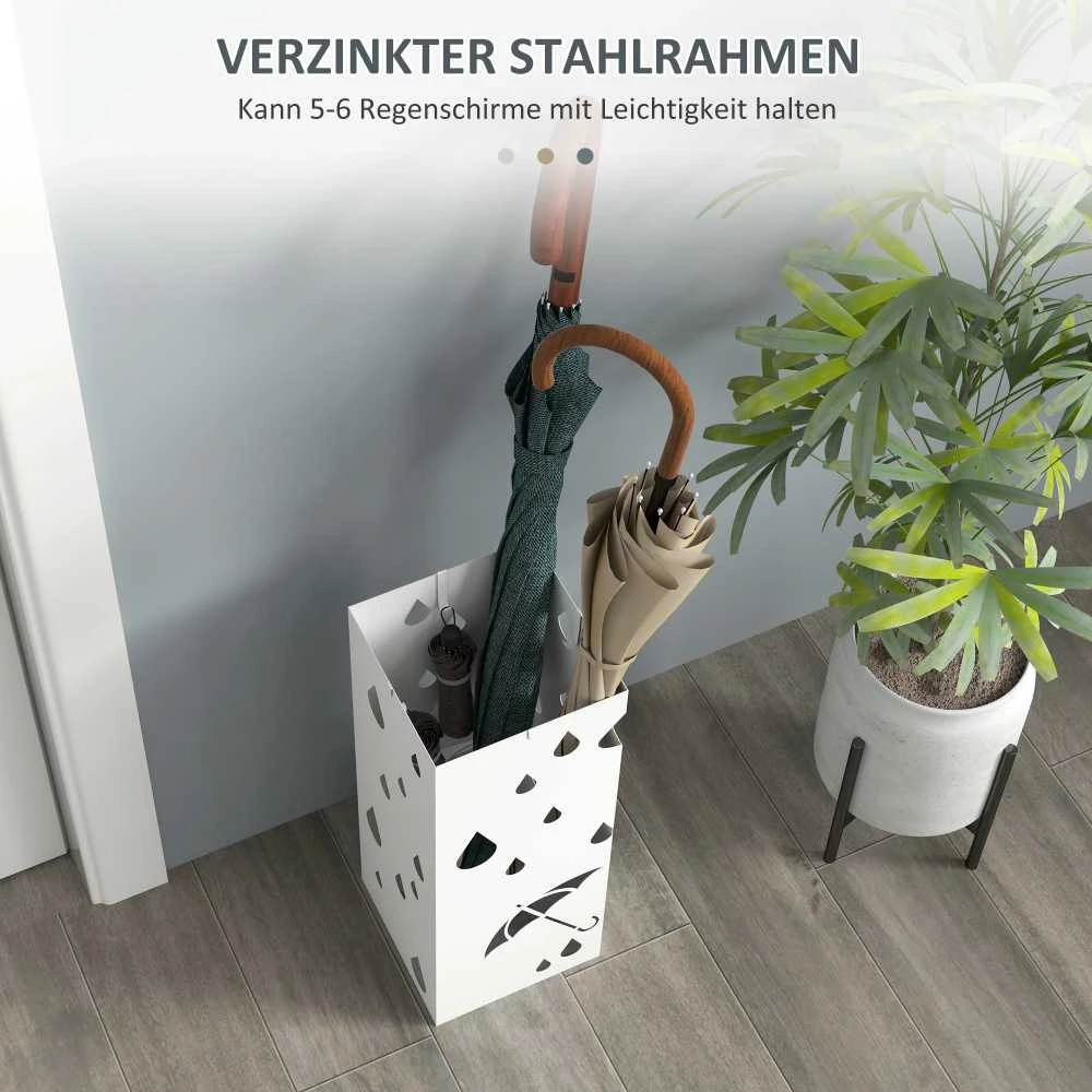 HOMCOM skėčių stovas su 4 kabliukais, vandens surinkimo padėklu, skėčių laikiklis koridoriui, skėčiams ir lazdoms, plieno, 15,5 x 15,5 x 40 cm, baltas