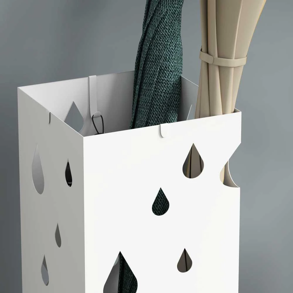 HOMCOM skėčių stovas su 4 kabliukais, vandens surinkimo padėklu, skėčių laikiklis koridoriui, skėčiams ir lazdoms, plieno, 15,5 x 15,5 x 40 cm, baltas
