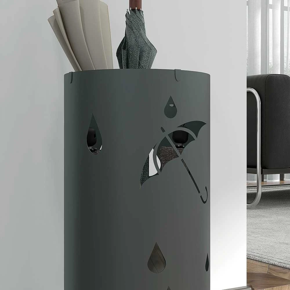 HOMCOM skėčių stovas su 4 kabliukais ir nuimamu padėklu lašams, skėčių ir lazdų laikiklis, plieno, Ø17 x 41 cm, tamsiai pilkas
