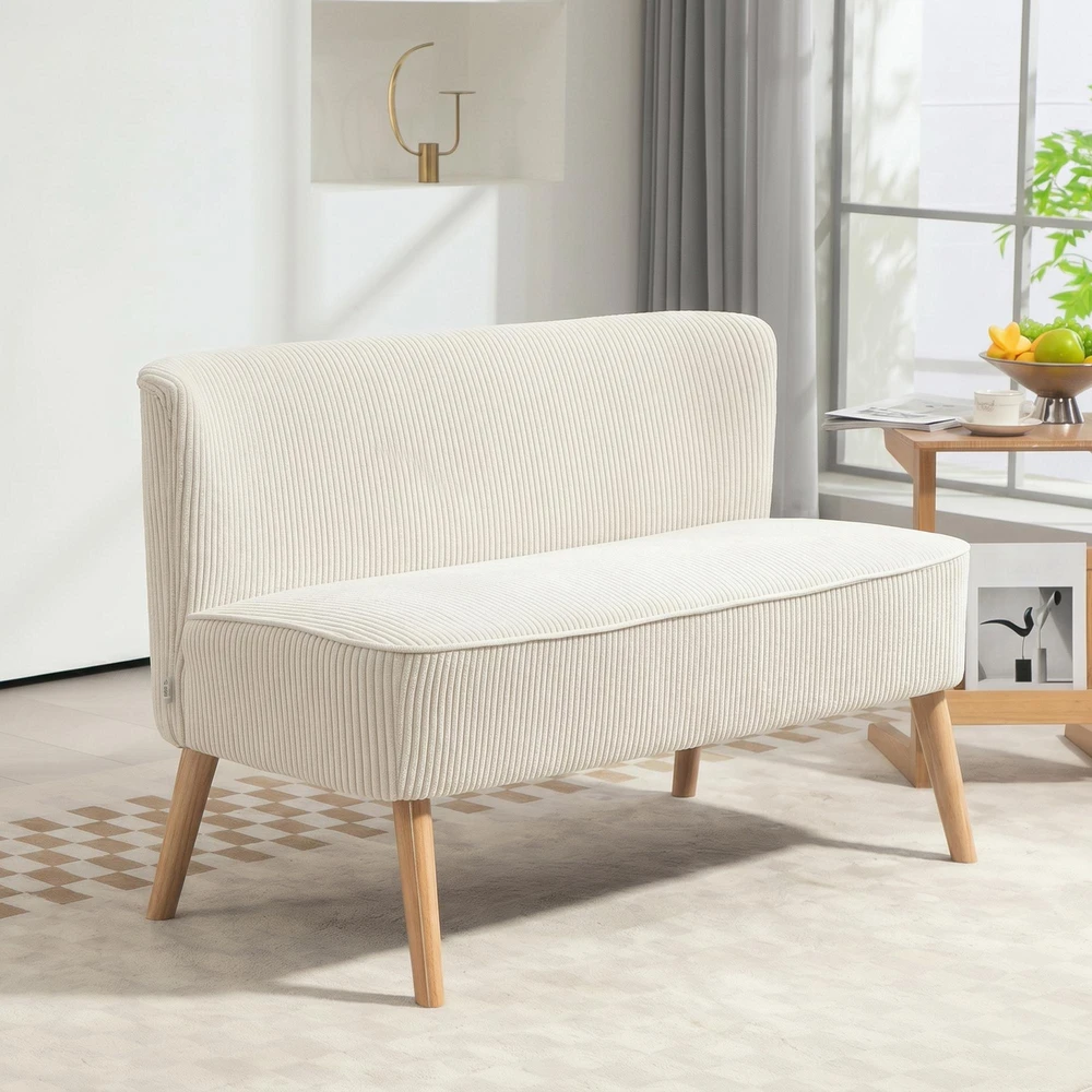 HOMCOM 2 vietų sofa, moderni sofa be porankių, paminkštinta, kordinės išvaizdos, maža svetainės sofa su medinėmis kojelėmis, 117 x 56,5 x 77 cm, kreminė balta