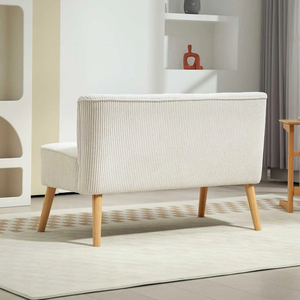 HOMCOM 2 vietų sofa, moderni sofa be porankių, paminkštinta, kordinės išvaizdos, maža svetainės sofa su medinėmis kojelėmis, 117 x 56,5 x 77 cm, kreminė balta