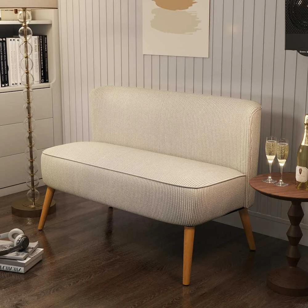 HOMCOM 2 vietų sofa, moderni sofa be porankių, paminkštinta, kordinės išvaizdos, maža svetainės sofa su medinėmis kojelėmis, 117 x 56,5 x 77 cm, kreminė balta