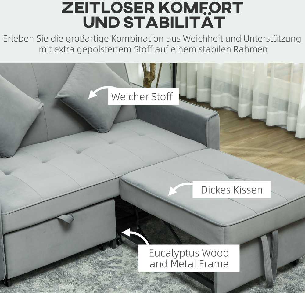 HOMCOM Sofa-lova, 2 vietų sofa su miegojimo funkcija, reguliuojamas atlošas, sofa su pagalvėlėmis, aksomo išvaizdos, L formos sofa-lova su lovos pagrindu, su ratukais, skirta svetainei, svečių kambariui, pilka