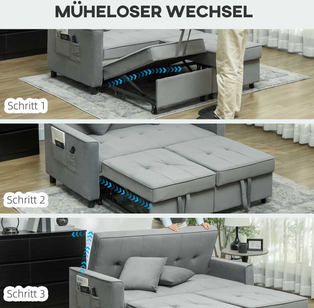 HOMCOM Sofa-lova, 2 vietų sofa su miegojimo funkcija, reguliuojamas atlošas, sofa su pagalvėlėmis, aksomo išvaizdos, L formos sofa-lova su lovos pagrindu, su ratukais, skirta svetainei, svečių kambariui, pilka