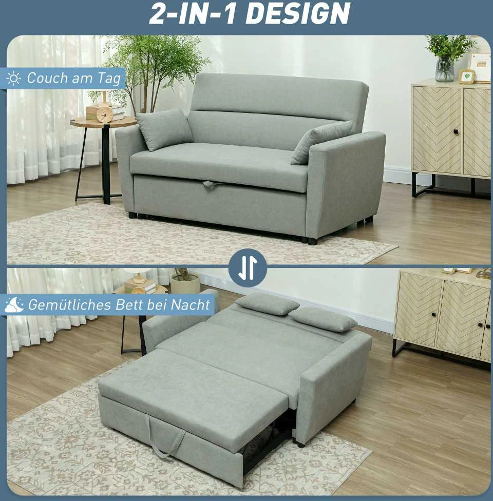 HOMCOM sofa lova, 2 vietų sofa su miegojimo funkcija, reguliuojamas atlošas, sofa su pagalvėlėmis, aksominė išvaizda, sofa-lova su patalynės dėže svetainei, svečių kambariui, šviesiai pilka