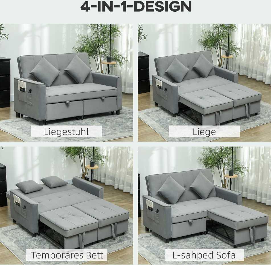 HOMCOM Sofa-lova, 2 vietų sofa su miegojimo funkcija, reguliuojamas atlošas, sofa su pagalvėlėmis, aksomo išvaizdos, L formos sofa-lova su lovos pagrindu, su ratukais, skirta svetainei, svečių kambariui, pilka