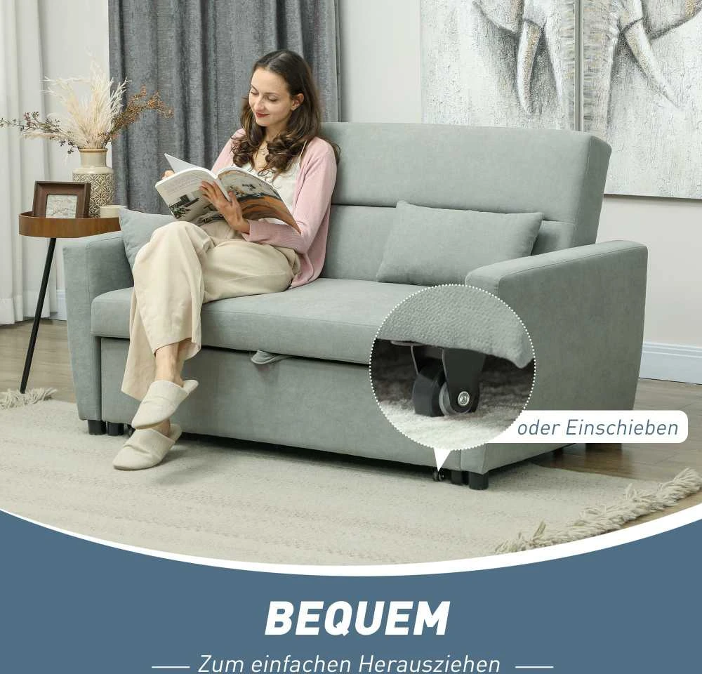 HOMCOM sofa lova, 2 vietų sofa su miegojimo funkcija, reguliuojamas atlošas, sofa su pagalvėlėmis, aksominė išvaizda, sofa-lova su patalynės dėže svetainei, svečių kambariui, šviesiai pilka