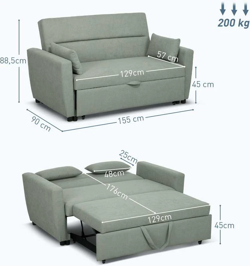 HOMCOM sofa lova, 2 vietų sofa su miegojimo funkcija, reguliuojamas atlošas, sofa su pagalvėlėmis, aksominė išvaizda, sofa-lova su patalynės dėže svetainei, svečių kambariui, šviesiai pilka