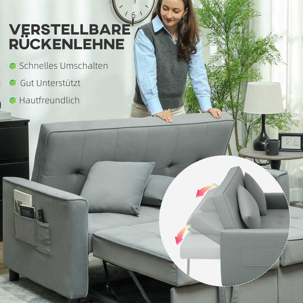 HOMCOM Sofa-lova, 2 vietų sofa su miegojimo funkcija, reguliuojamas atlošas, sofa su pagalvėlėmis, aksomo išvaizdos, L formos sofa-lova su lovos pagrindu, su ratukais, skirta svetainei, svečių kambariui, pilka