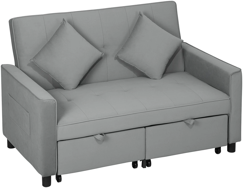 HOMCOM Sofa-lova, 2 vietų sofa su miegojimo funkcija, reguliuojamas atlošas, sofa su pagalvėlėmis, aksomo išvaizdos, L formos sofa-lova su lovos pagrindu, su ratukais, skirta svetainei, svečių kambariui, pilka