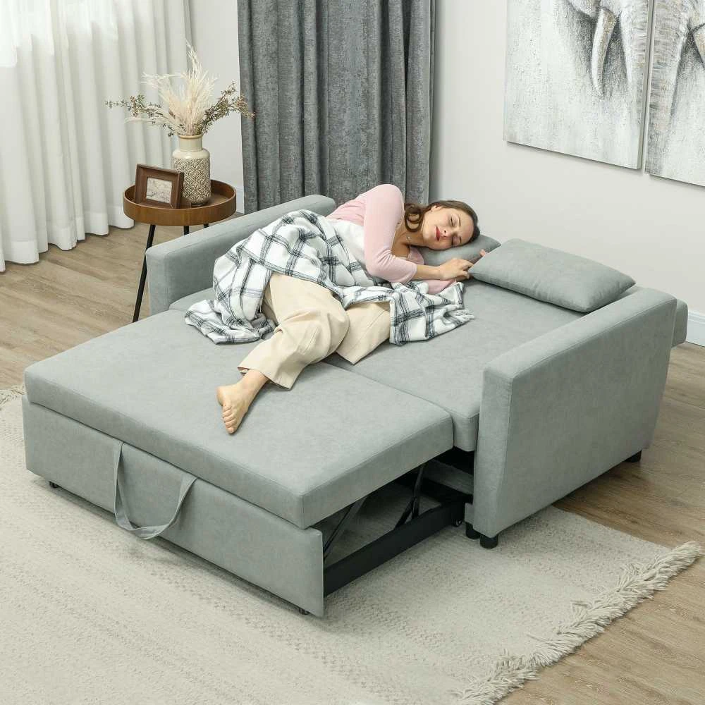 HOMCOM sofa lova, 2 vietų sofa su miegojimo funkcija, reguliuojamas atlošas, sofa su pagalvėlėmis, aksominė išvaizda, sofa-lova su patalynės dėže svetainei, svečių kambariui, šviesiai pilka